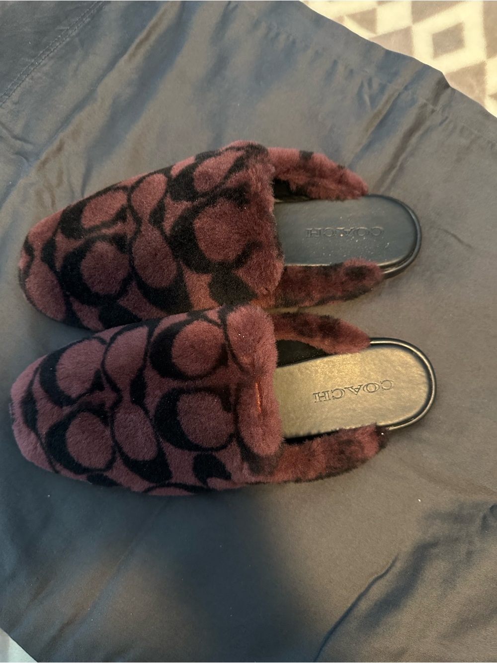 Coach Burgundy and Black Shearling Slide Slippers - Picture 3 of 7